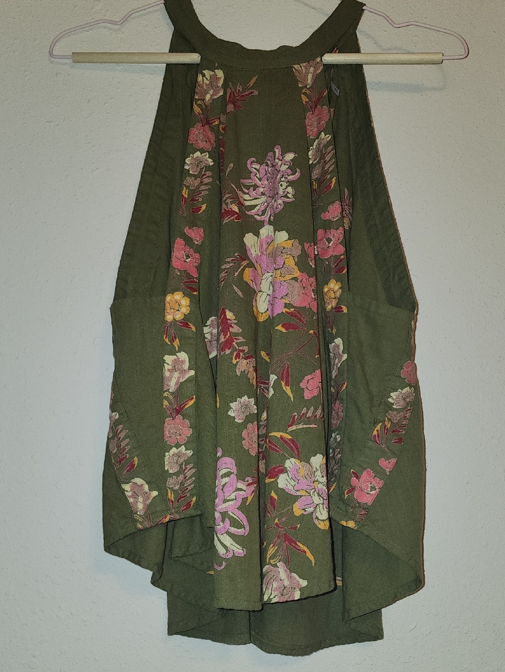 Free People Olive Green Floral Halter Top with Pink Accents